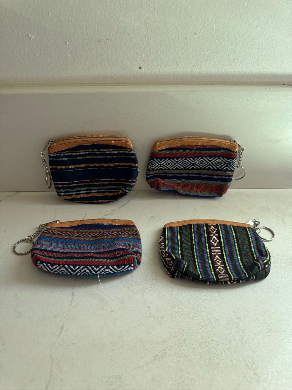 NWOT- bundle of 4, Artesanal canvas Stripe Coin Pouch Keychain - Multicolor.